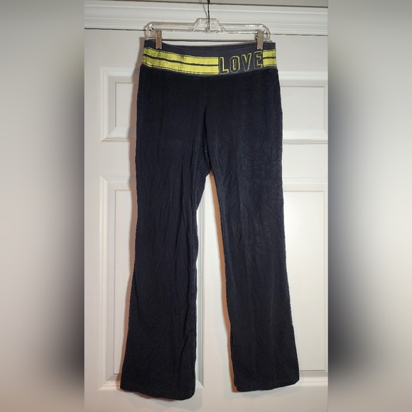 SO Black Bootcut Yoga Pants with Yellow LOVE Waistband L Has Fading - Picture 1 of 4